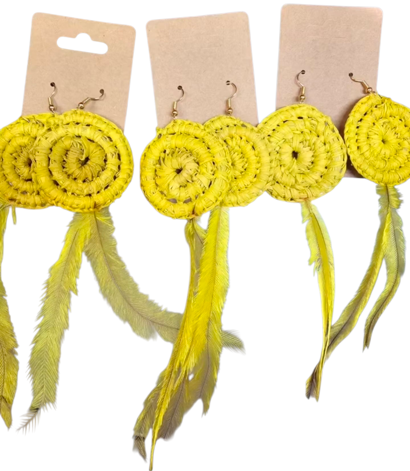 Yellow Woven Earring with Yellow Barrimal Feathers (Small - Medium Size)